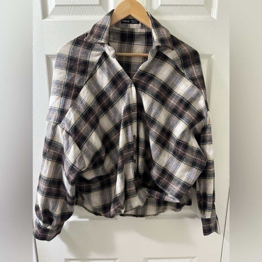 Shein Brown Oversized Bubble Flannel Top Size XS
